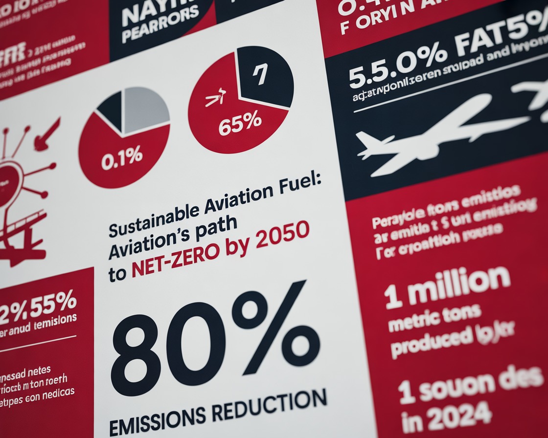 Detailed SAF Metrics Chart: A close-up infographic showing pie charts and text highlighting the Sustainable Aviation Fuel goal for net-zero by 2050, emphasizing the 80% emissions reduction potential and the small 0.1% current adoption rate.