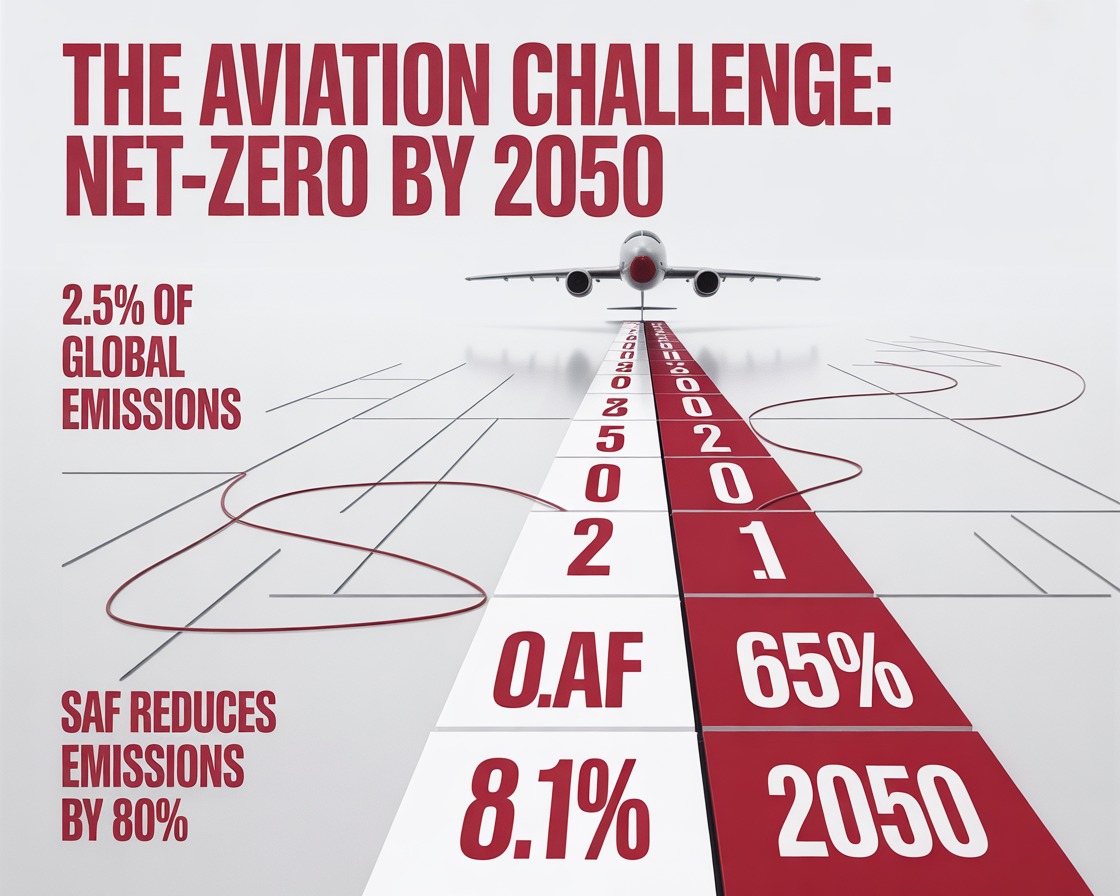 The Aviation Net-Zero 2050 Challenge: A visual graphic showing an airplane on a runway timeline marked with years leading up to 2050. Key SAF statistics are highlighted: 2.5% of global emissions, SAF reduces emissions by 80%, and the target of 65% SAF use by 2050.