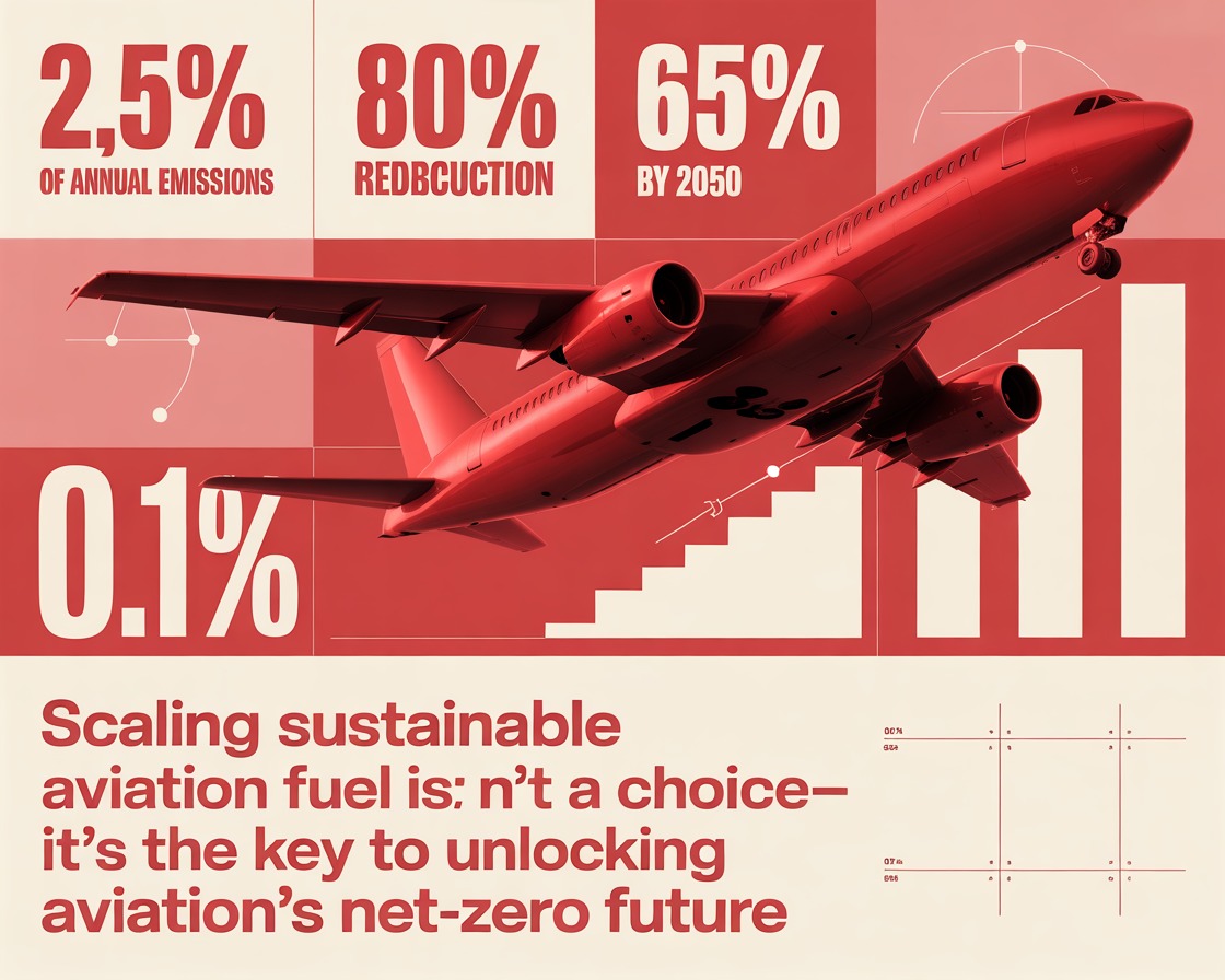 A red graphic showing a passenger jet flying over a bar chart detailing key statistics: 2.5% of annual global emissions, 0.1% current SAF use, 80% emissions reduction, and the 65% SAF goal by 2050 for net-zero aviation.