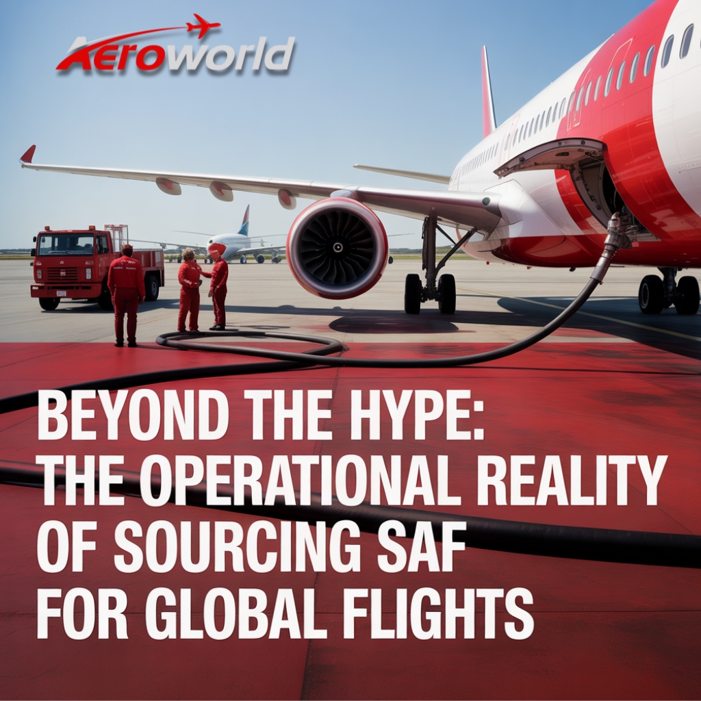 An airplane being refueled on the tarmac with large text overlay reading "BEYOND THE HYPE: THE OPERATIONAL REALITY OF SOURCING SAF FOR GLOBAL FLIGHTS." Illustrates the critical refueling process for Sustainable Aviation Fuel (SAF).
