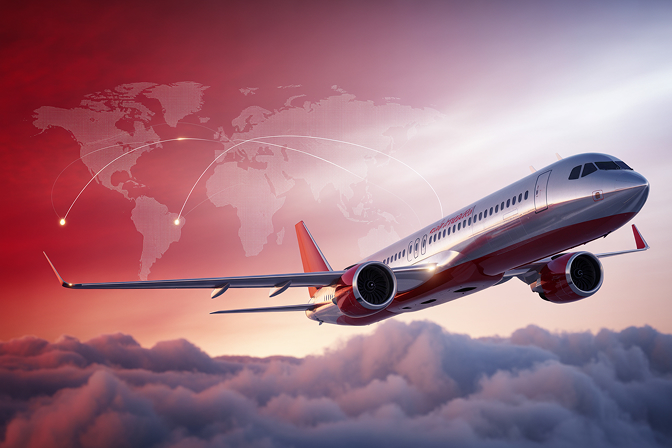 Commercial jet flying high above the clouds with a subtle world map graphic overlay, symbolizing AeroWorld's global reach and client focus for flight support.