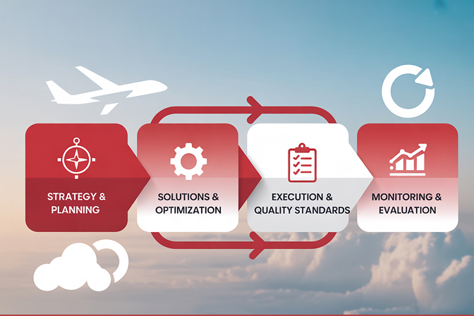Diagram illustrating The Aeroworld Methodology, a four-step process: Strategy & Planning, Solutions & Optimization, Execution & Quality Standards, and Monitoring & Evaluation.
