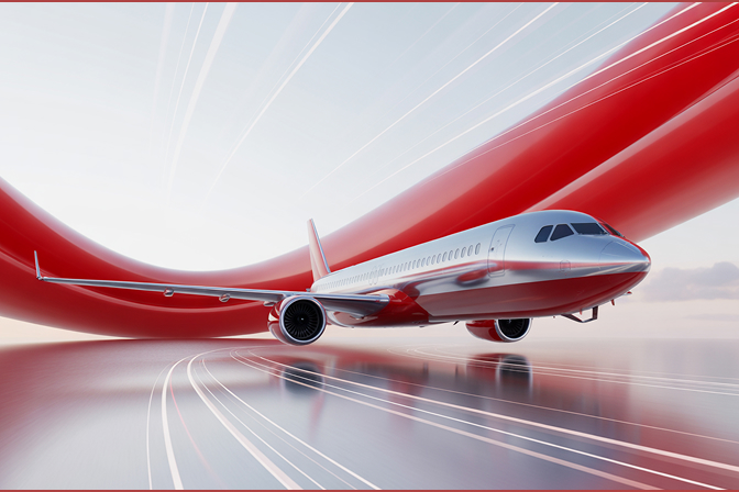 Modern corporate jet flying swiftly over motion lines and a red swoosh, symbolizing fast, seamless, and professional 24-hour global aviation support operations.
