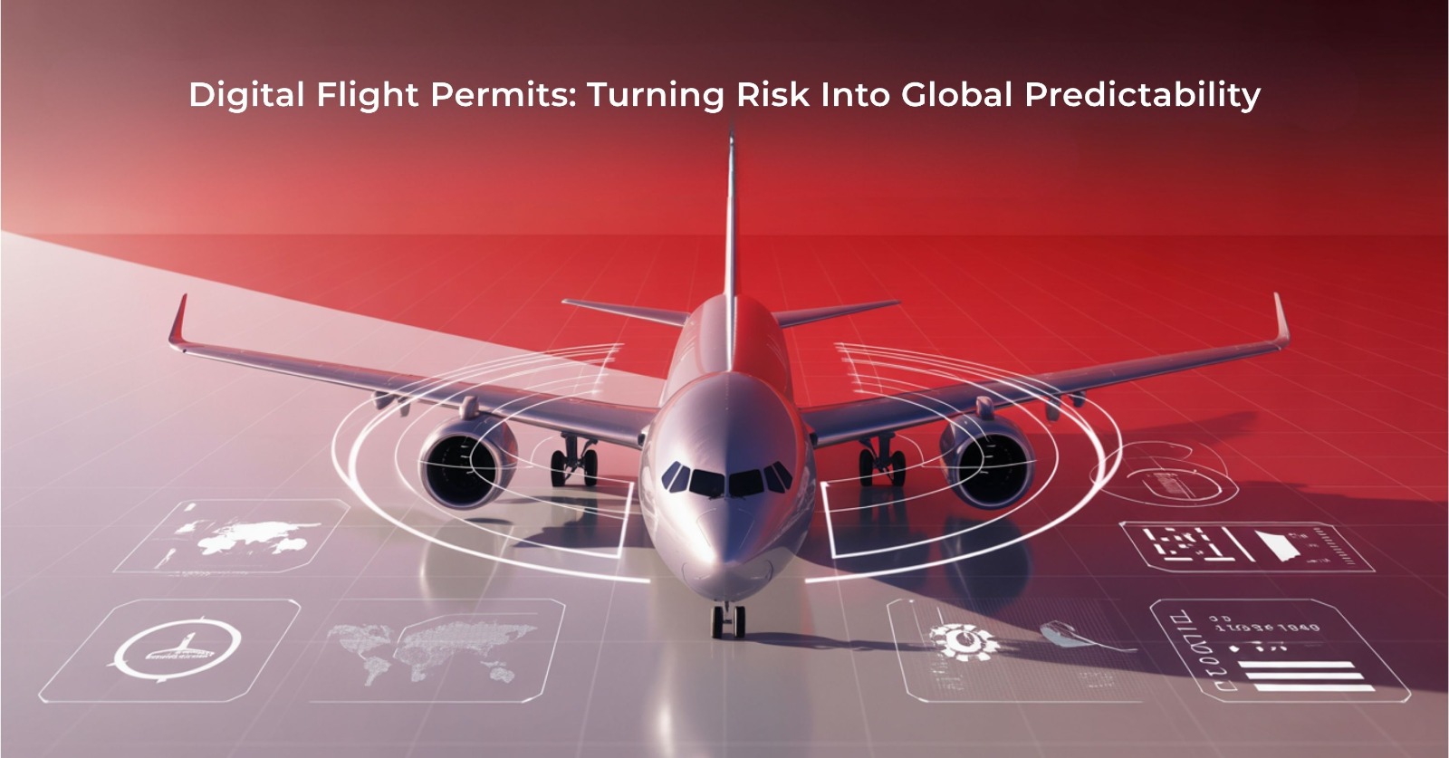 Digital concept image showing an airplane surrounded by holographic data dashboards and world maps, representing real-time operational predictability.