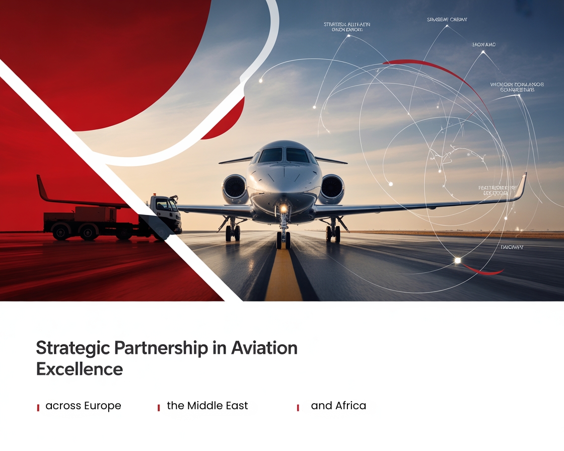 A modern private jet on a runway with a ground support vehicle, illustrating the Aeroworld & Bluebird strategic partnership in aviation excellence across EMEA.