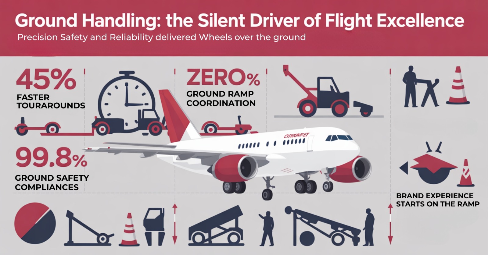 Ground handling excellence infographic detailing faster turnarounds, safety compliance, and GSE coordination.