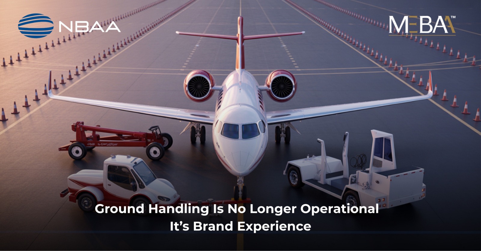 Business jet on ramp with GSE, illustrating how ground handling contributes to the brand experience (NBAA, MEBAA).