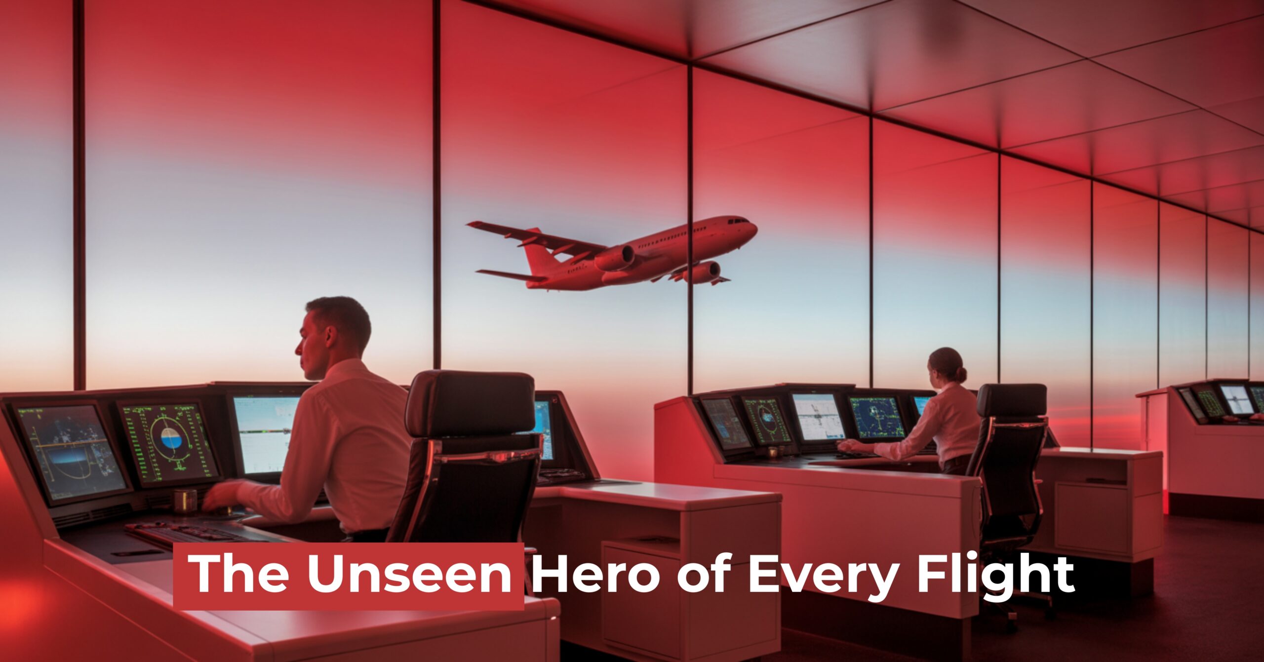 Professional flight support specialists managing global aviation permits in a high-tech control center with a jet flying past the window.