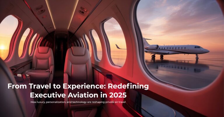 Luxurious private jet cabin interior view showing the runway and a parked aircraft at sunset