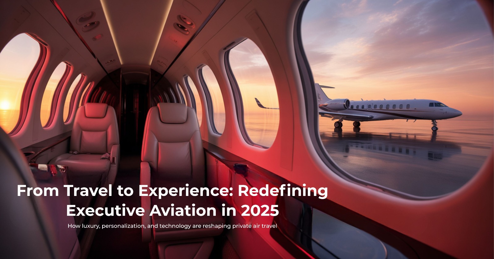 Luxurious private jet cabin interior view showing the runway and a parked aircraft at sunset