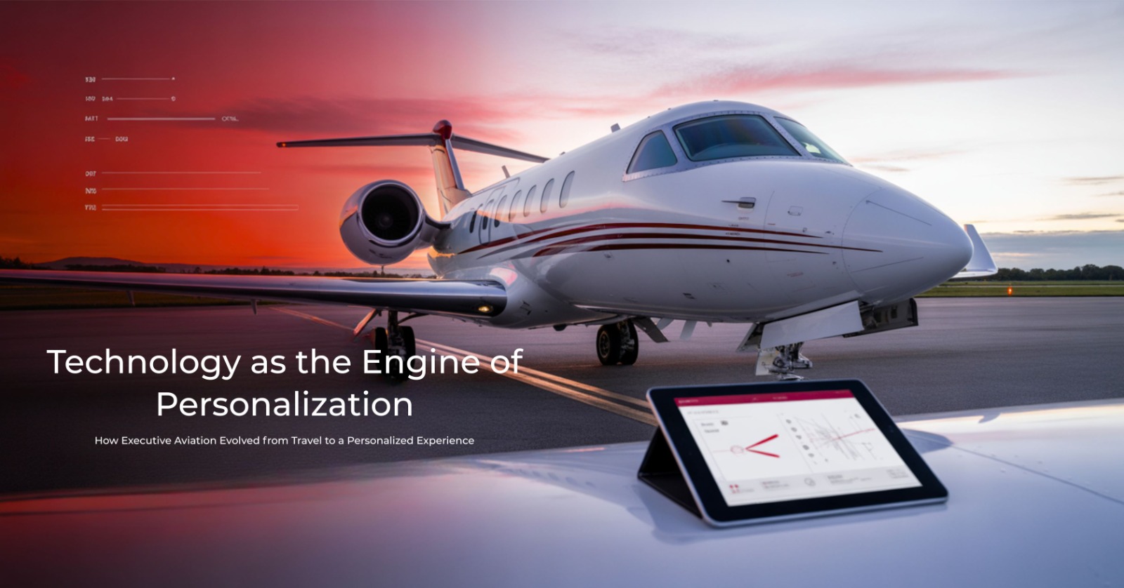 Private jet on a tarmac at sunset with a tablet displaying flight control data in the foreground