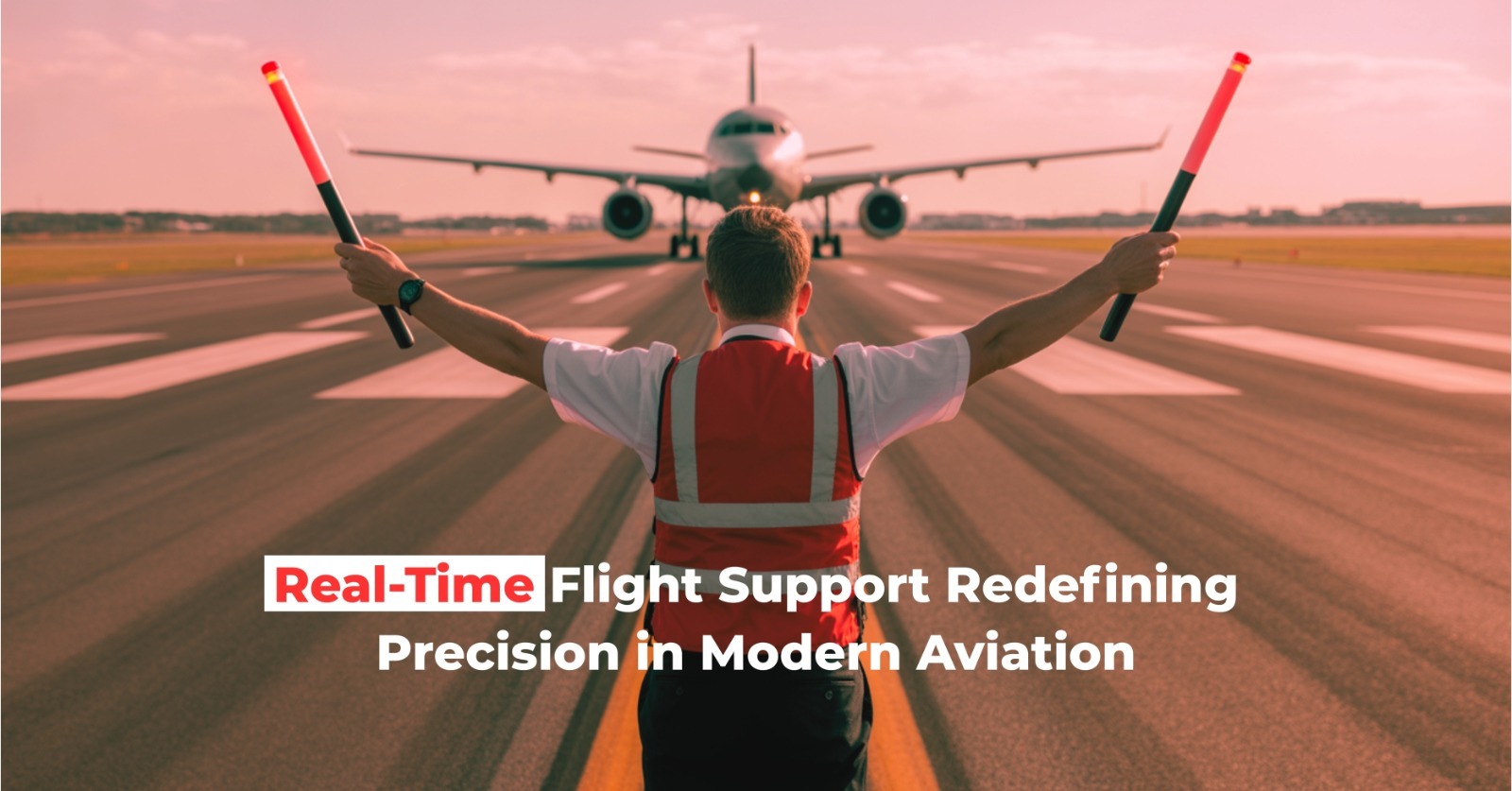 An air traffic controller or ramp agent, facing away, holds red light wands to signal an aircraft landing or taxiing on the runway at sunset, emphasizing real-time flight support.