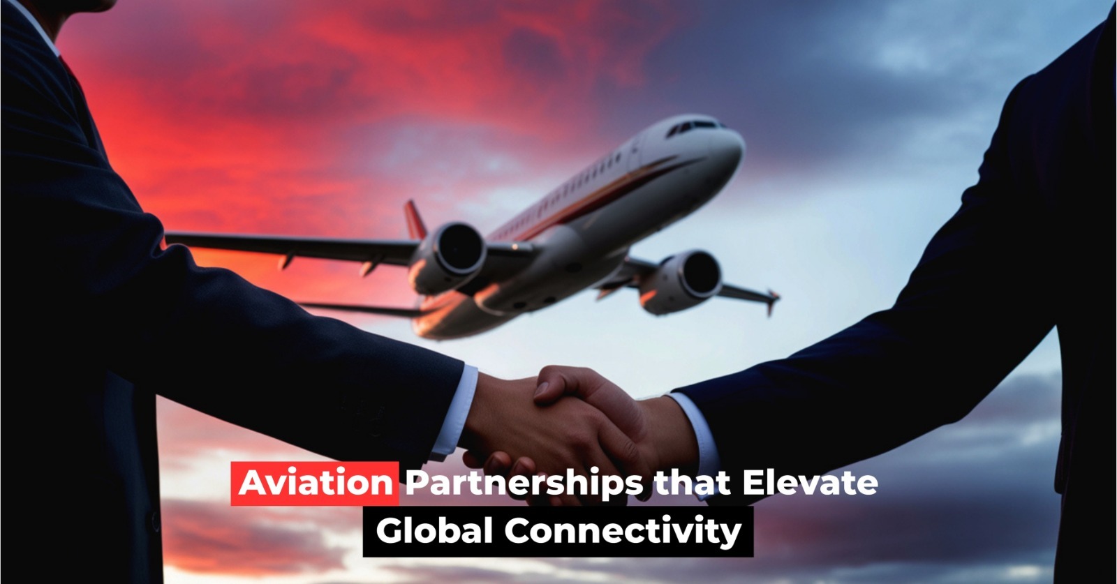 Two business professionals shake hands in the foreground, with a commercial aircraft flying through a dramatic sunset sky in the background, representing aviation partnerships.