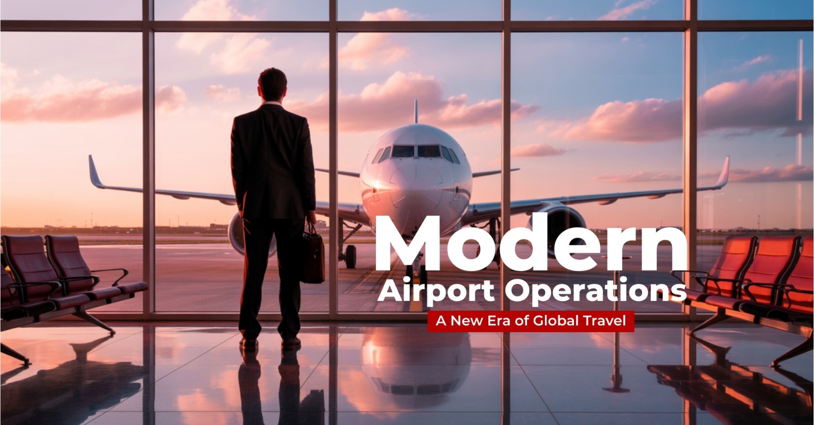A business traveler stands in an empty airport terminal, looking out at a parked commercial aircraft on the tarmac during a sunset, symbolizing the new era of global travel.