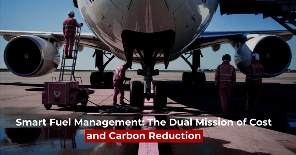 Aviation ground crew performing smart fuel management tasks under a large aircraft to reduce carbon emissions.