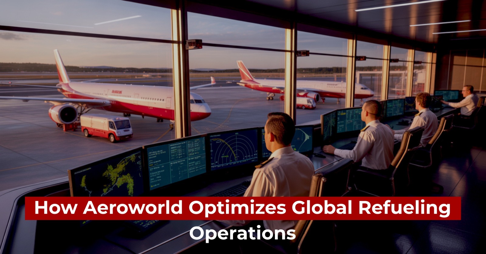 Aviation dispatchers in a modern control room using digital platforms for Aeroworld global refueling operations.