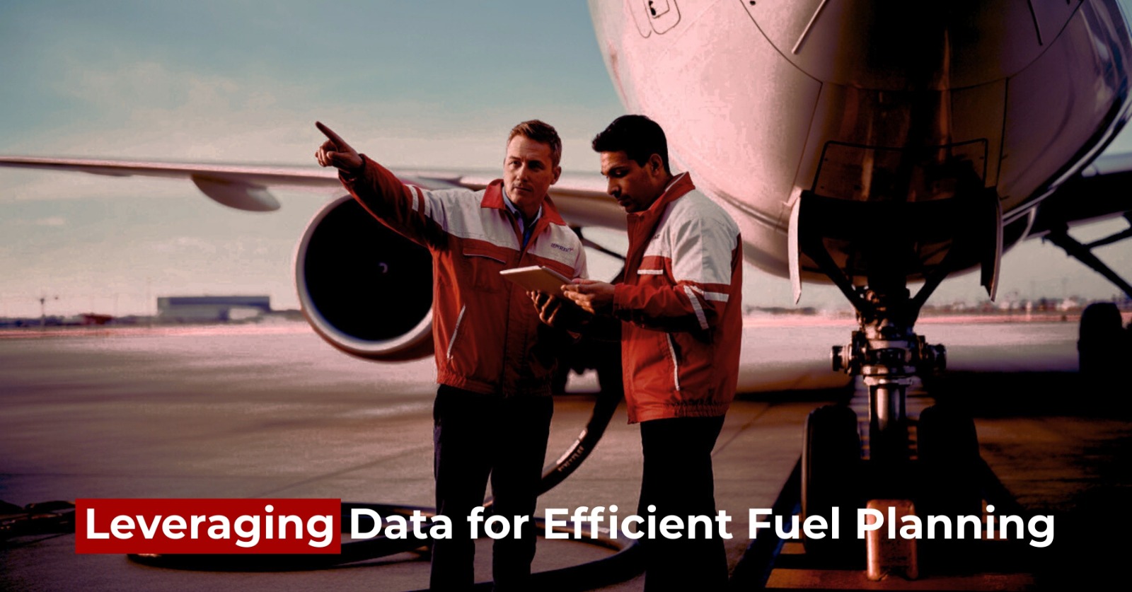 Two aviation specialists using a tablet for data-driven fuel planning and predictive analytics near an aircraft engine.