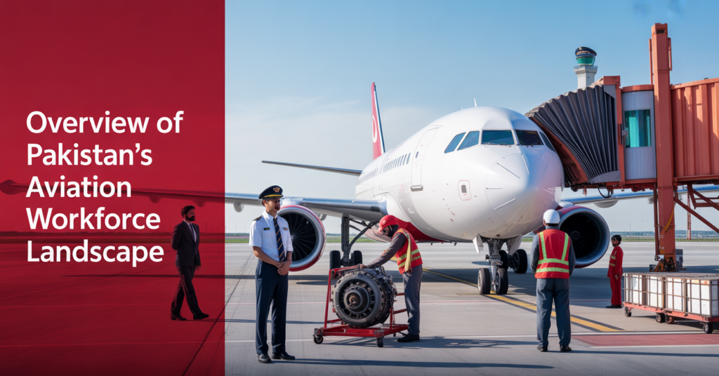 Ground crew, pilots, and technical staff working around a commercial aircraft on a sunny day in Pakistan.