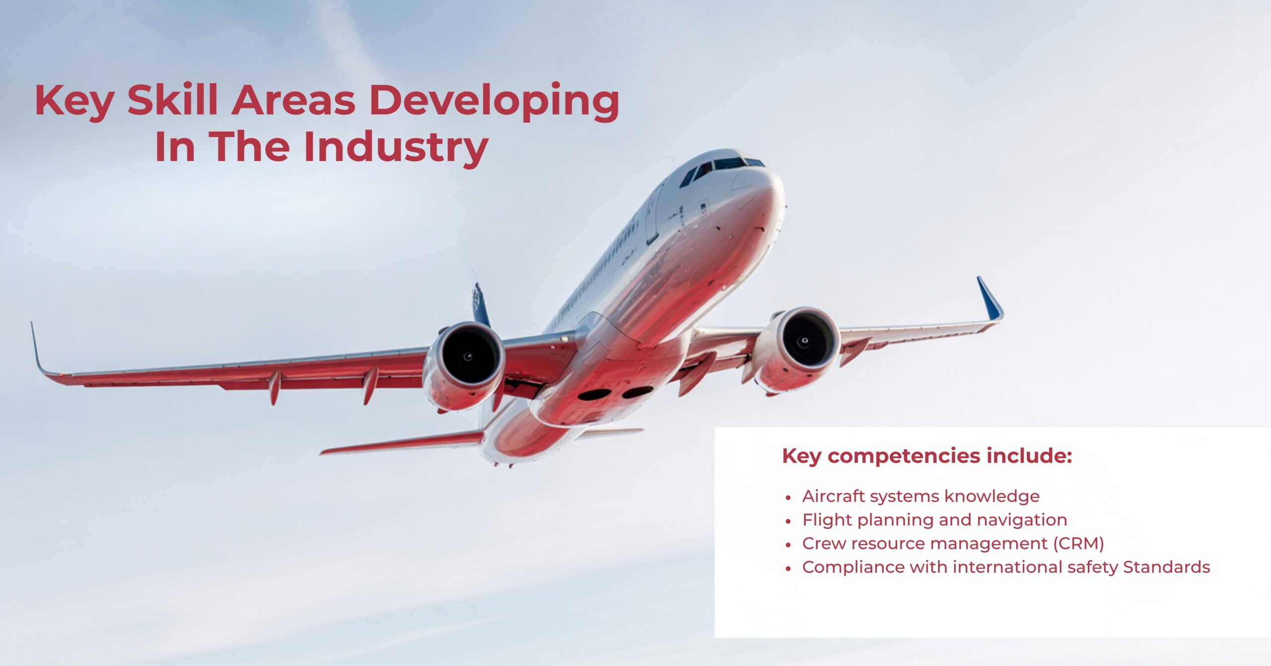 A commercial jet in flight with a text overlay listing key pilot competencies.