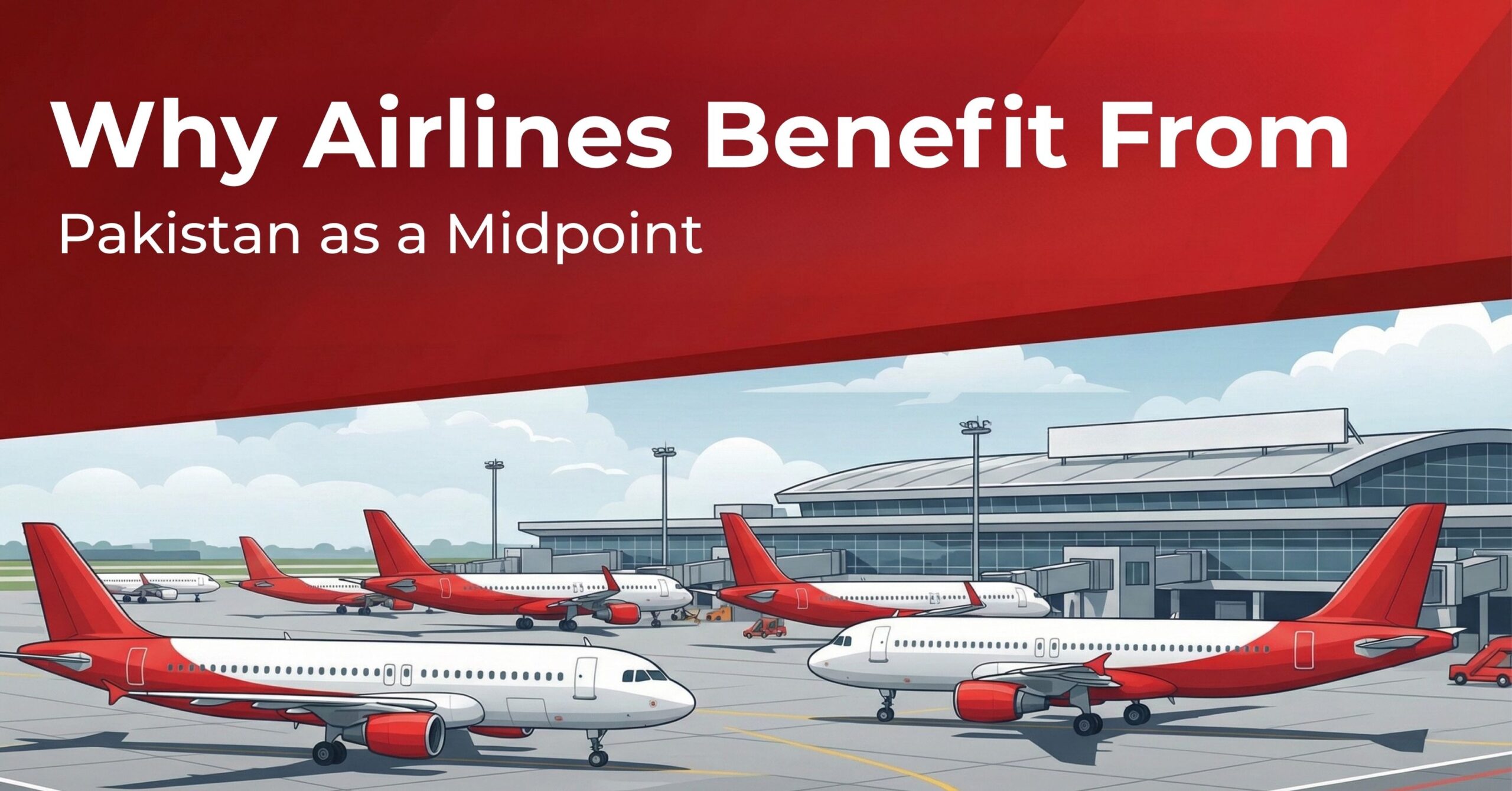 An illustration of several red and white commercial airplanes parked at a modern airport terminal under a clear sky.