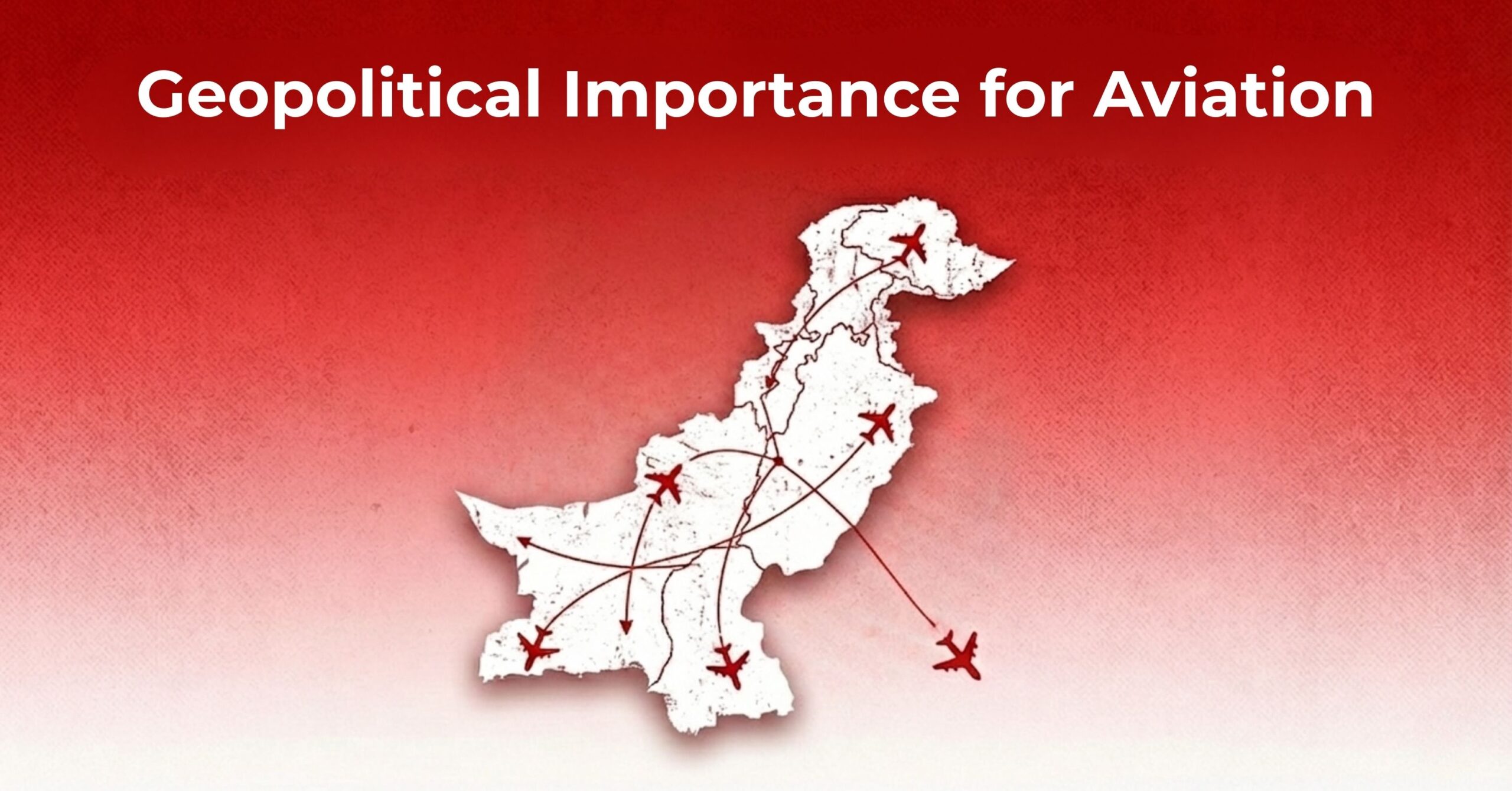 A map of Pakistan on a textured red and white background with flight path arrows and airplane icons crisscrossing the country.