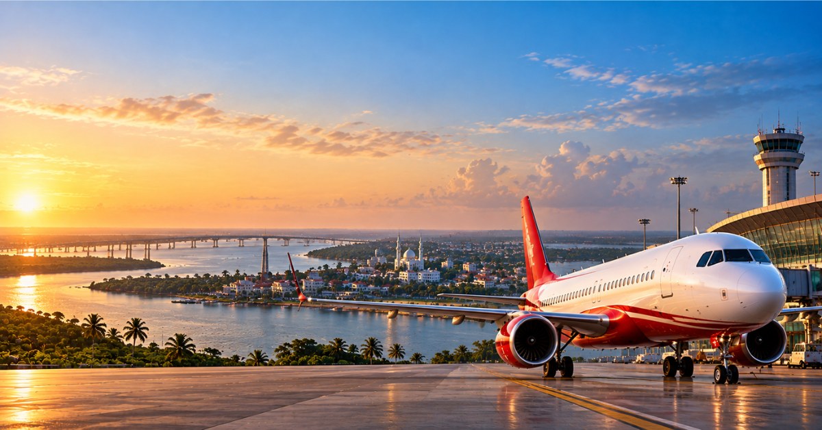 Aircraft on the apron at sunset with the Gambian coastline behind it, illustrating a Gambia overflight permit request