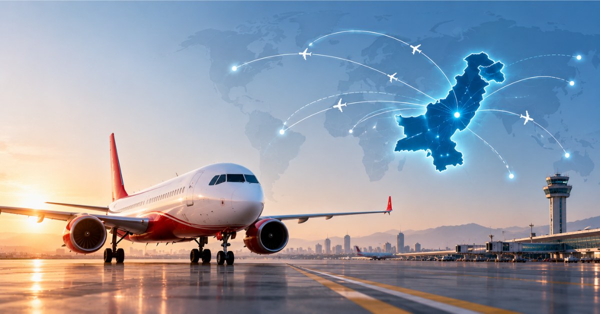 Aircraft on a runway at sunset with a glowing map of Pakistan and route lines, illustrating airline traffic rights