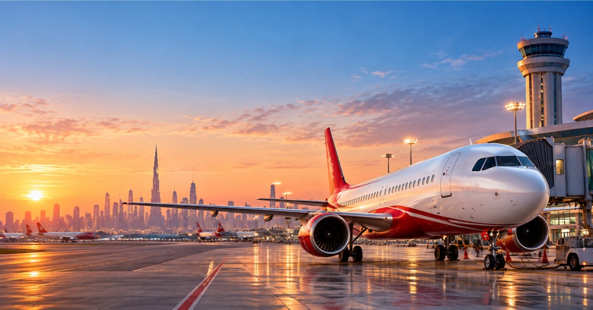 Aircraft on the apron at sunset with the Dubai skyline, illustrating UAE overflight and landing requirements